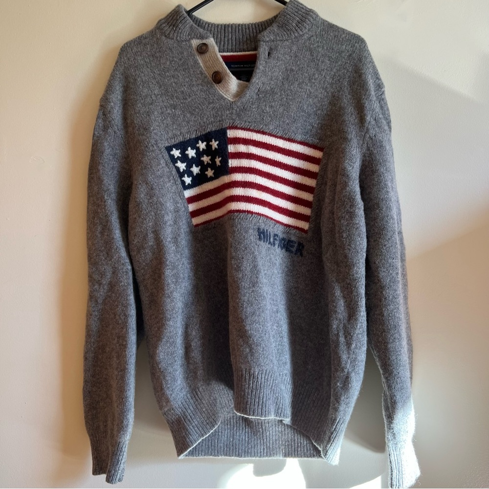 Tommy Hilfiger WOOL blend Knit USA Flag Henley Sweater L Gray Spell Out